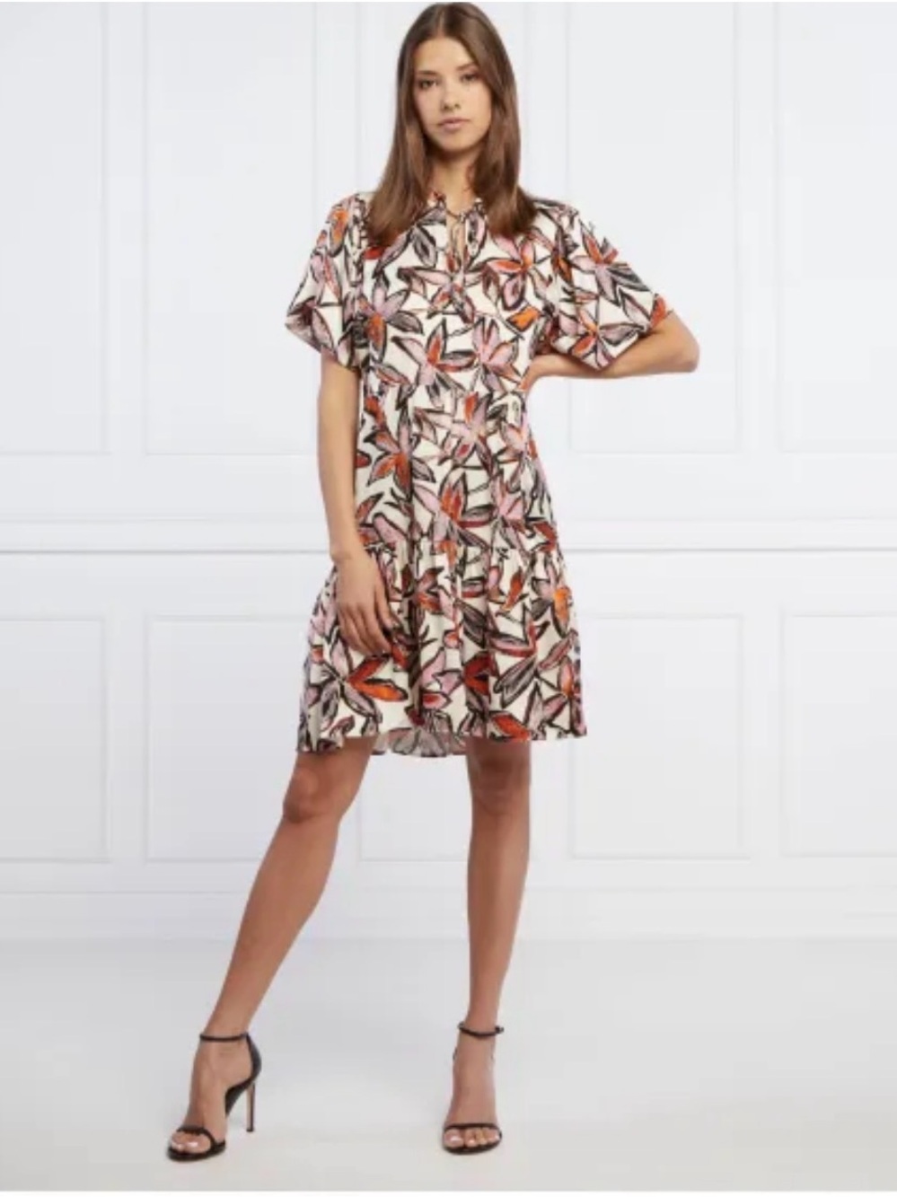 Boss Floral Tie-Neck Tiered Dress in Cream with Pink & Orange Abstract Print